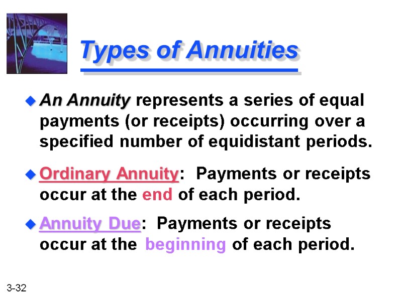 Types of Annuities Ordinary Annuity:  Payments or receipts occur at the end of